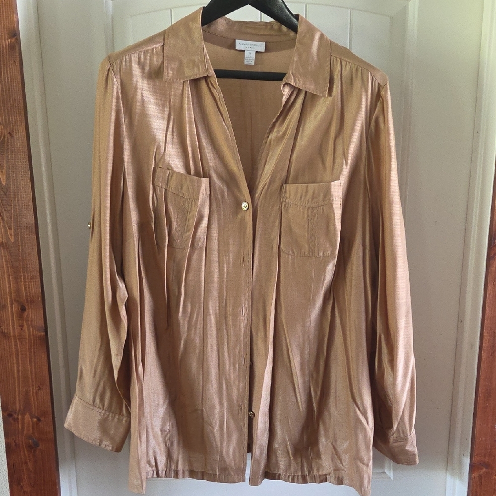 Charter Club Women's Gold Shimmering Button-Up Blouse